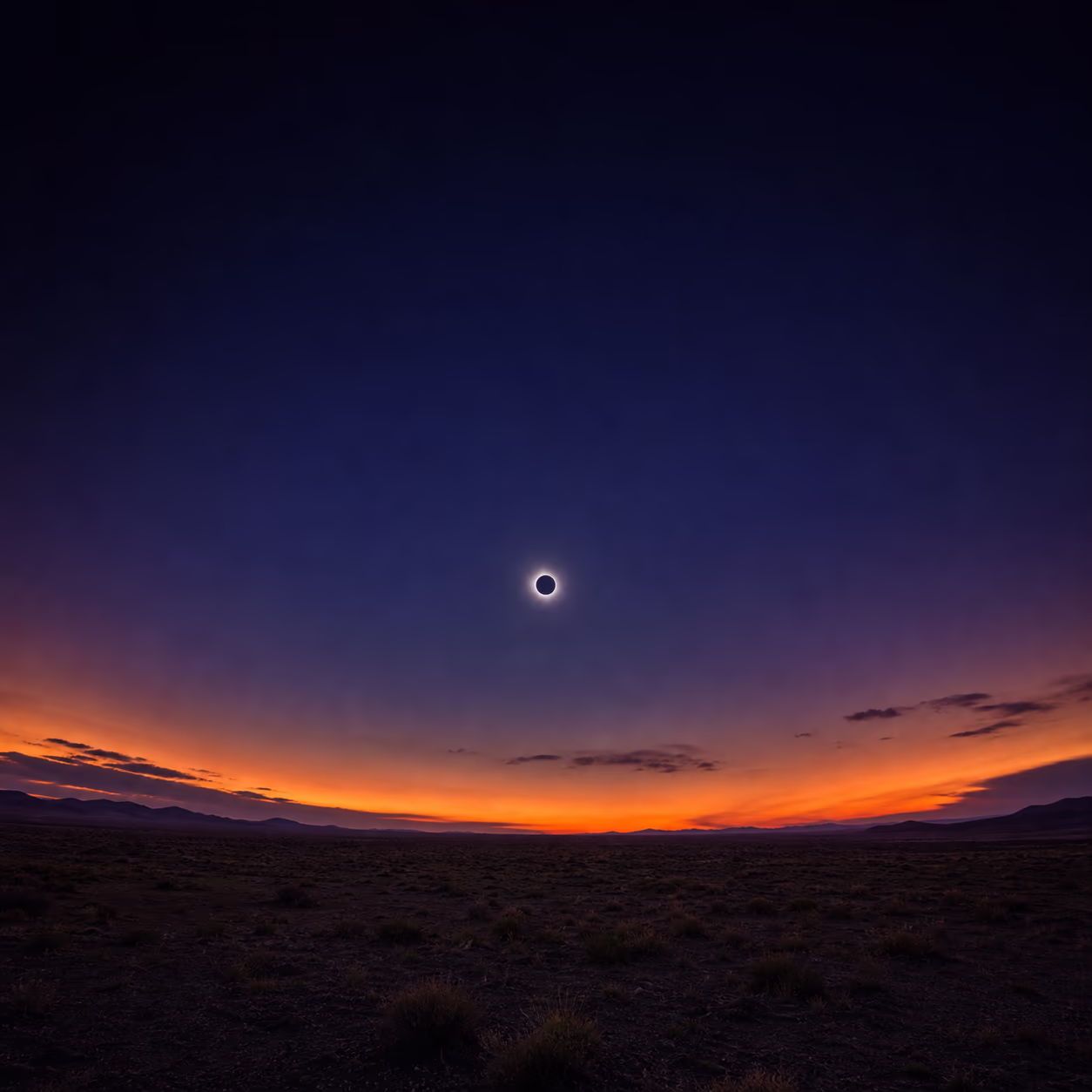 Weite Landschaft im Moment der totalen Sonnenfinsternis: rings am Horizont glüht ein 360°-Sonnenuntergang in warmem Orange, der Zenit ist tiefblau-violett, kühles Zwielicht liegt über dem Land. KI-Illustration als atmosphärische Darstellung.