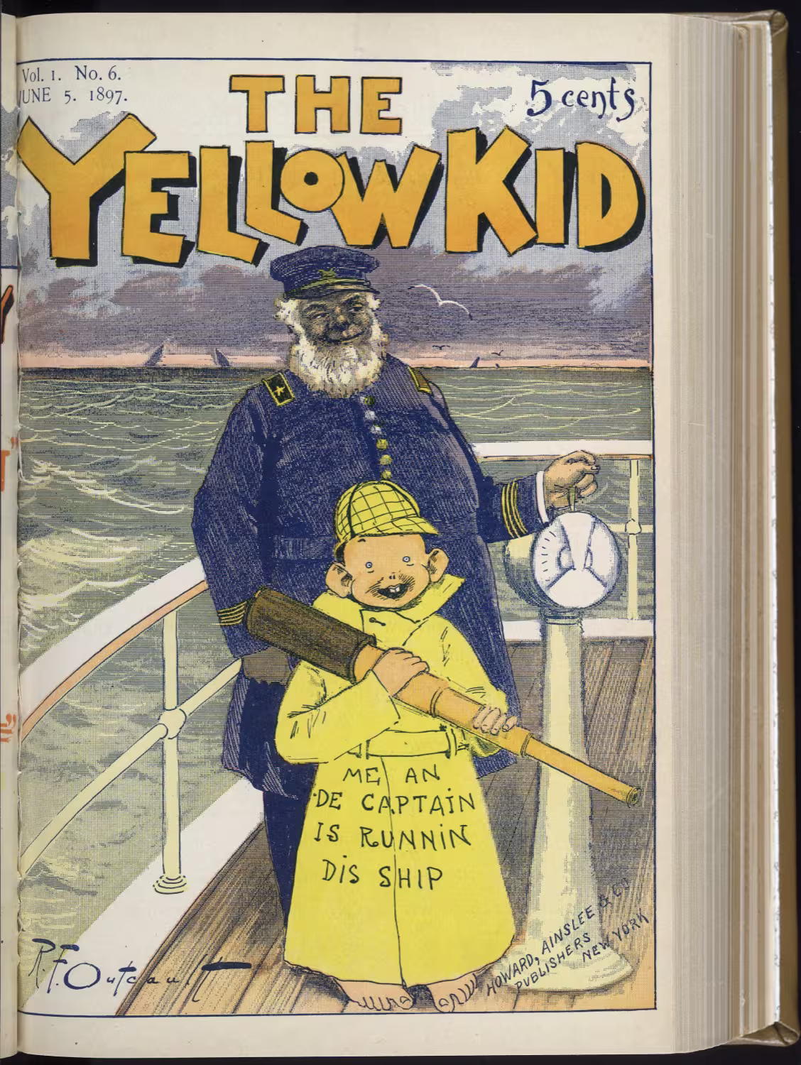Cover des Magazins „The Yellow Kid“, Vol. 1 Nr. 6 vom 5. Juni 1897: die Figur im gelben Nachthemd mit dem aufgedruckten Spruch „ME AN DE CAPTAIN IS RUNNIN DIS SHIP“.