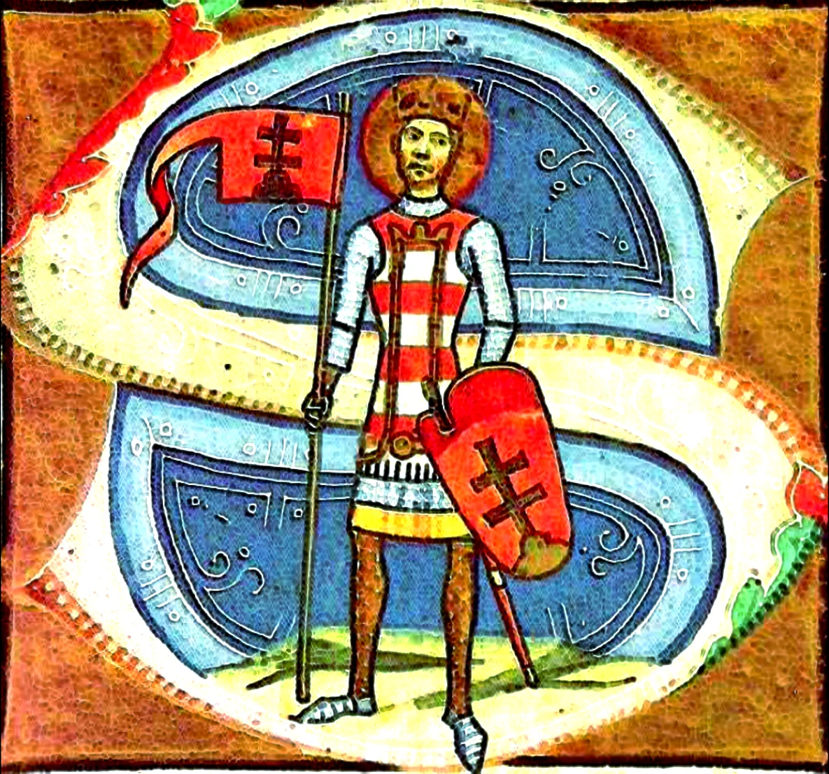 Mittelalterliche Buchmalerei: der heilige König Stephan I. von Ungarn mit Krone, Heiligenschein, dem ungarischen Doppelkreuz-Banner und Wappenschild.