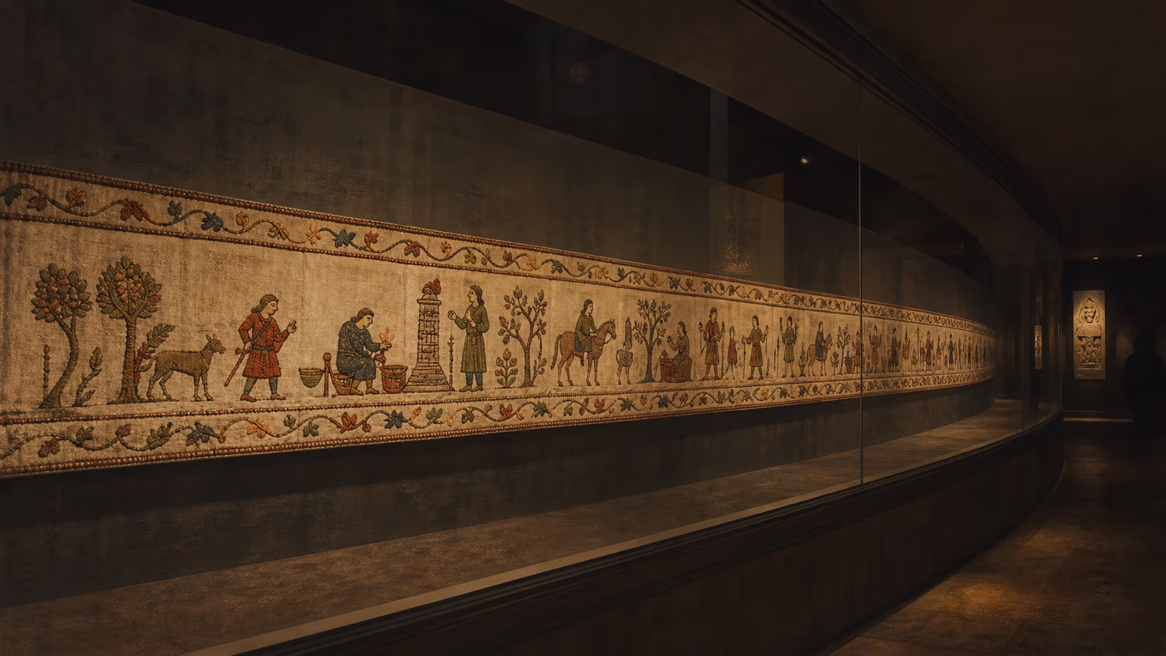 Stimmungsbild eines gedämpft beleuchteten Museumssaals mit einem langen gestickten Leinenband hinter Glas im sanften Bogen an der Wand — generische mittelalterliche Figuren, keine echten Bayeux-Szenen.