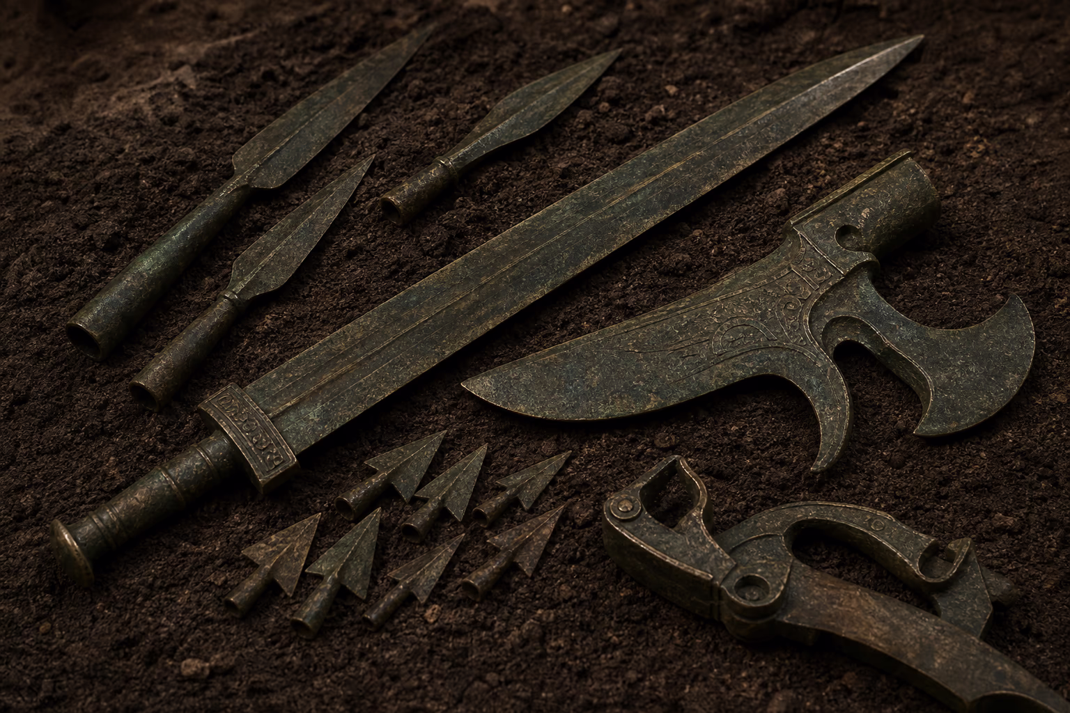 Antike Bronzewaffen der Terrakotta-Armee — Schwert, Lanzenspitzen und Pfeilspitzen (KI-Illustration)