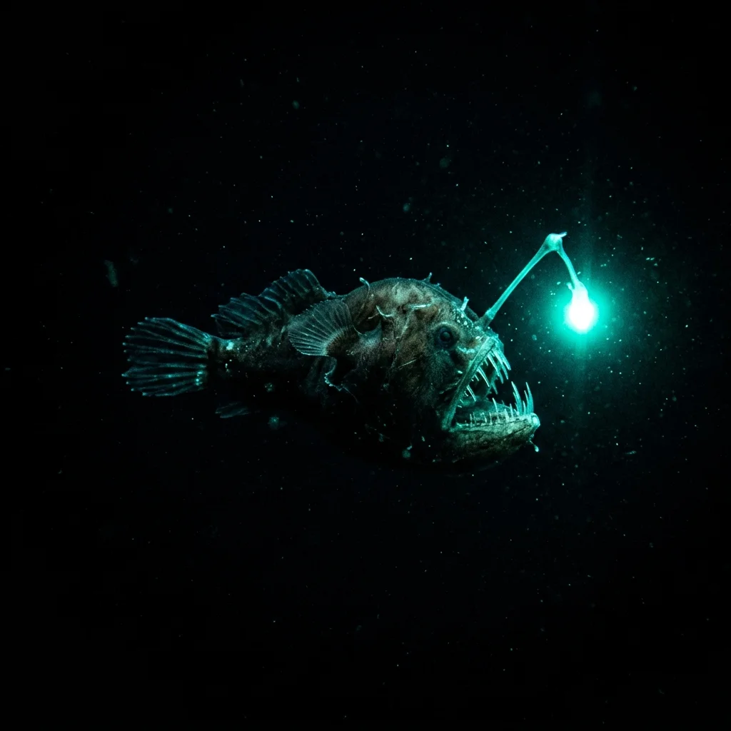 Tiefsee-Anglerfisch im schwarzen Wasser, dessen leuchtender Köder cyan-grün strahlt
