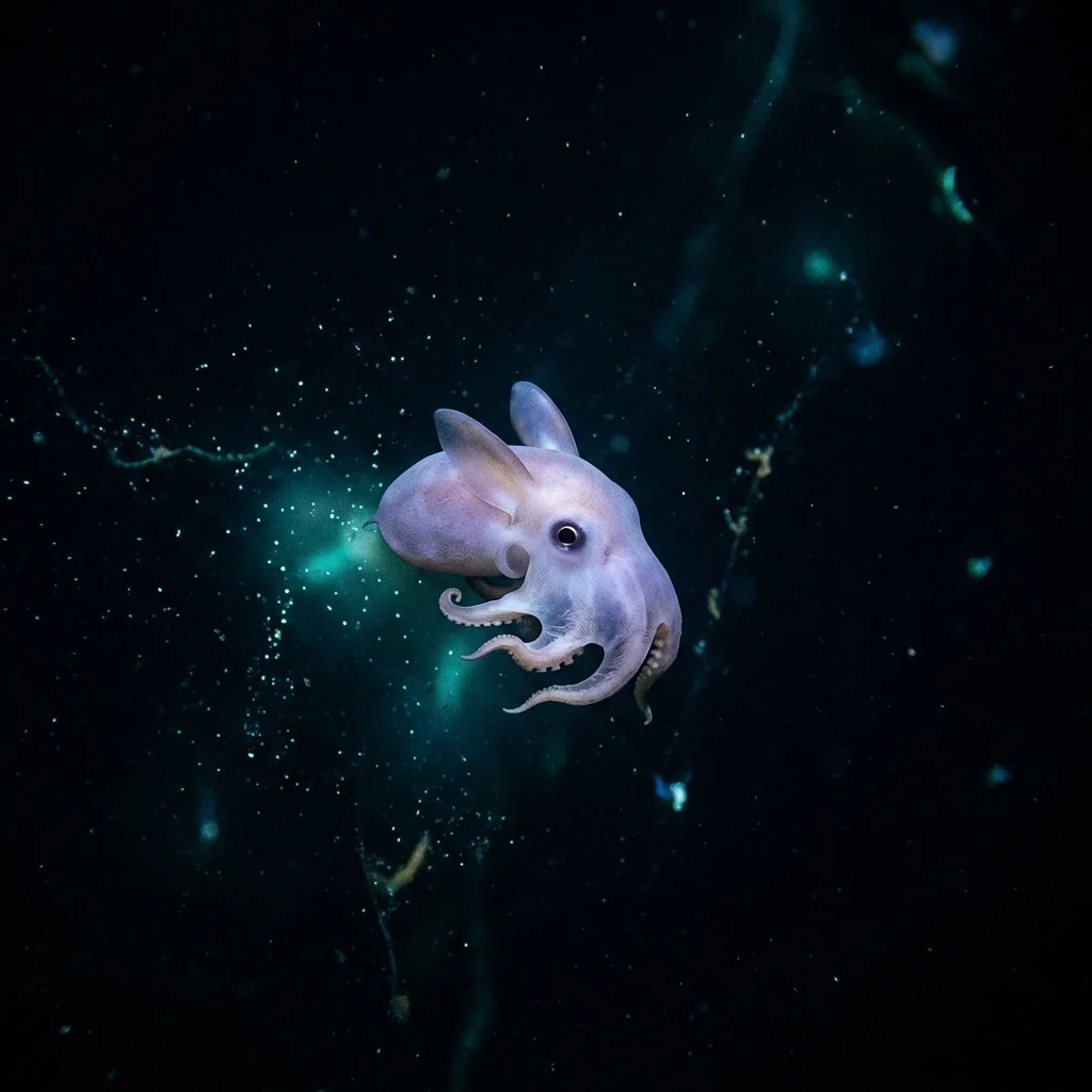 Blasser Dumbo-Oktopus, der mit ohrenähnlichen Flossen im dunklen Wasser schwebt