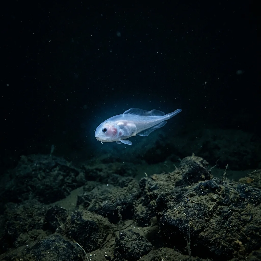 Blass-durchscheinender Schneckenfisch dicht über dem Tiefseegrund in der Hadalzone