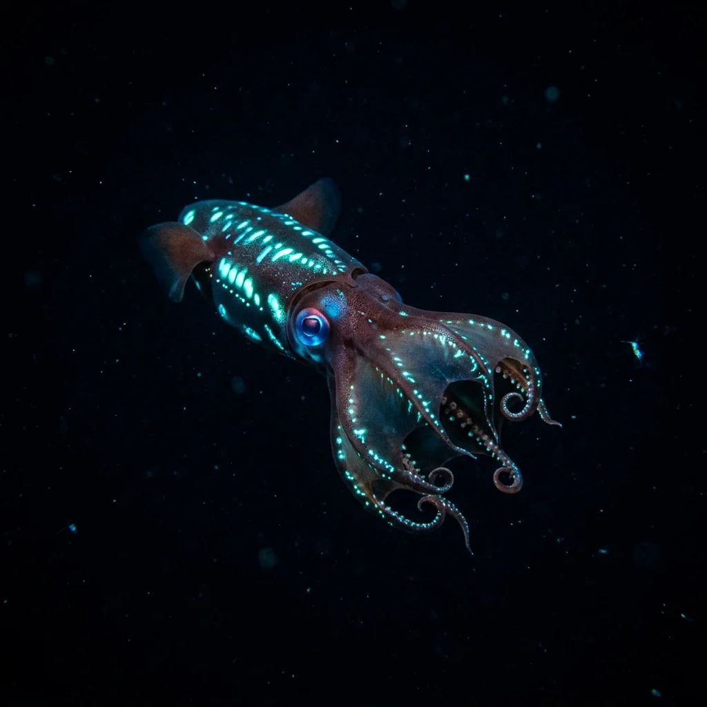 Vampirtintenfisch im Dunkel, der Körper von cyan-blauen Leuchtpunkten gesäumt