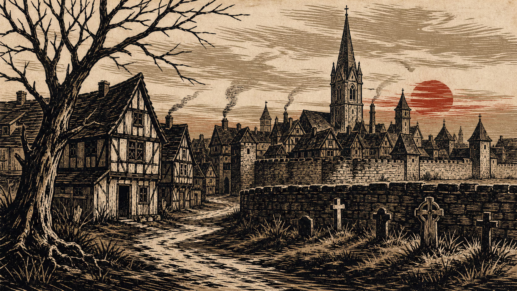Holzschnitt-artige Darstellung einer ummauerten spätmittelalterlichen Stadt in der Dämmerung mit Kirchturm, leerer Gasse und einer niedrigen Friedhofsmauer.