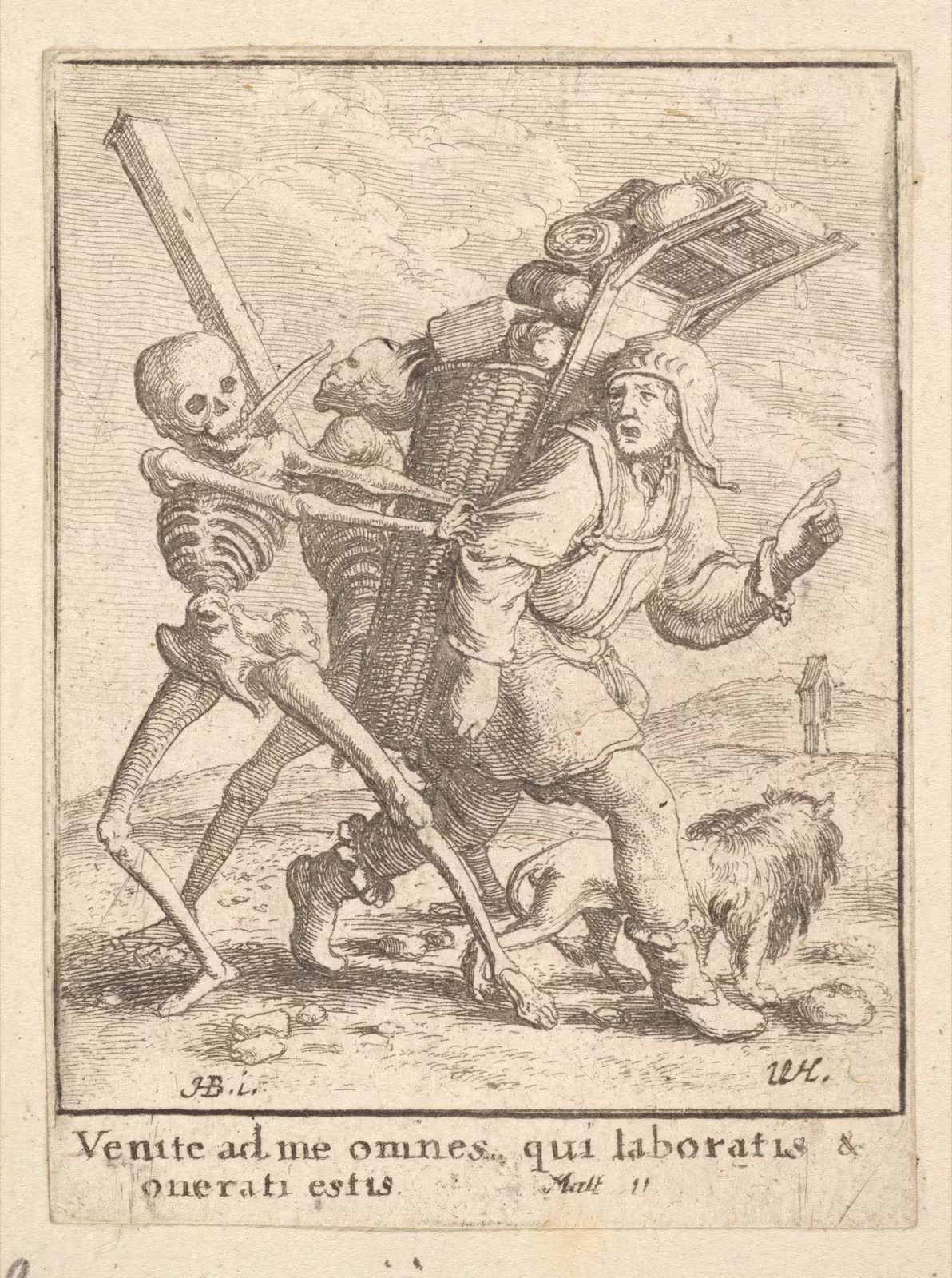 Holbein-Holzschnitt: Der Tod hält den Krämer auf, der seine Waren auf dem Rücken trägt.