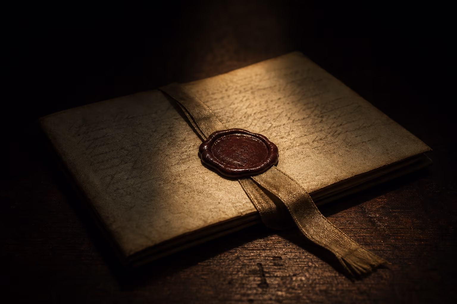 Ein gefaltetes, gealtertes Vertragsdokument mit dunkelrotem Wachssiegel und verblasstem Band im Schlagschatten, von einem einzelnen warmen Lichtkegel getroffen; die Schrift ist bewusst unlesbar.