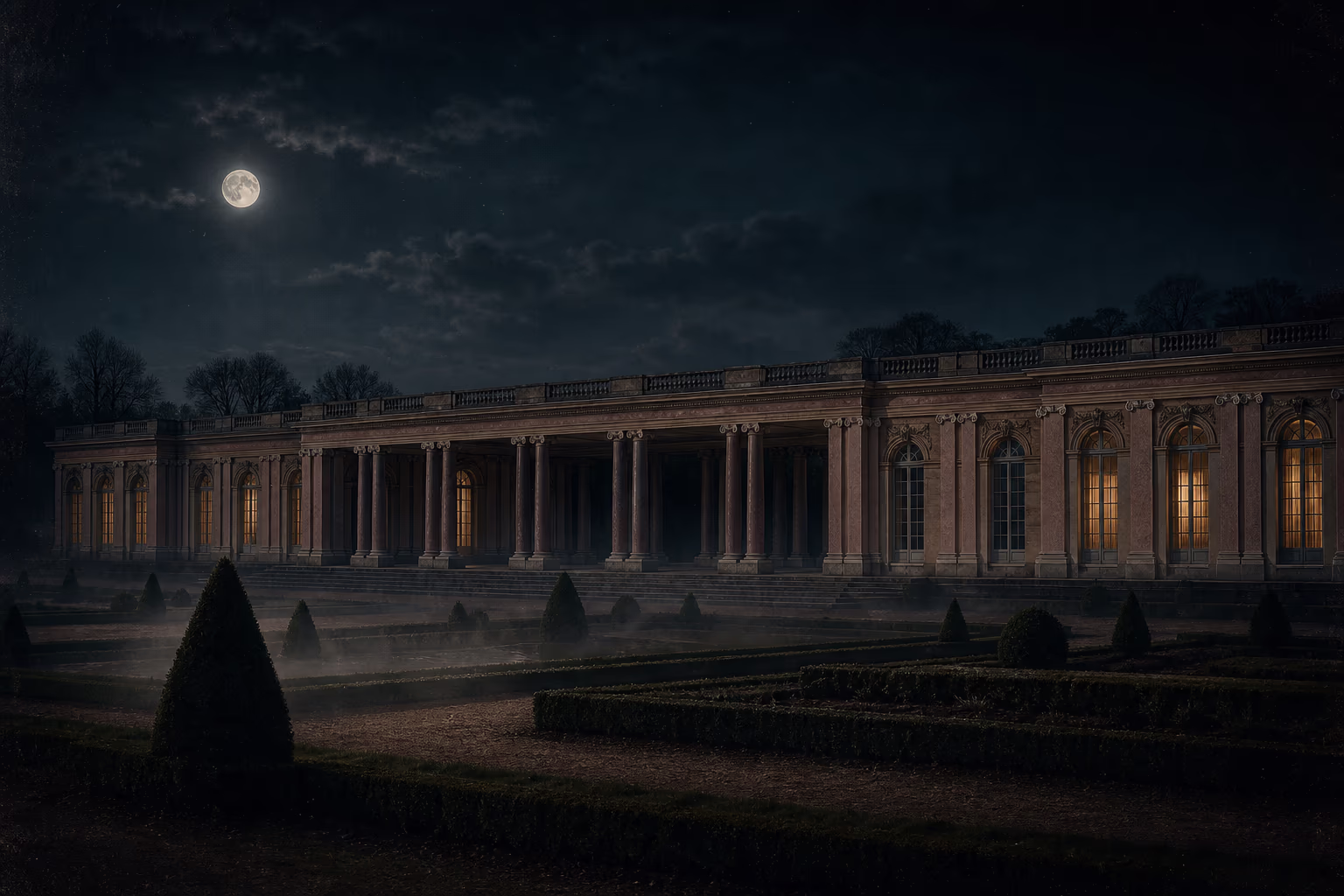 Das Grand Trianon im Park von Versailles bei Nacht: die niedrige Marmorfassade mit ihrer Säulenkolonnade unter kühlem Mondlicht, ein warmes Glühen aus einzelnen Fenstern, leichter Nebel über dem Garten.