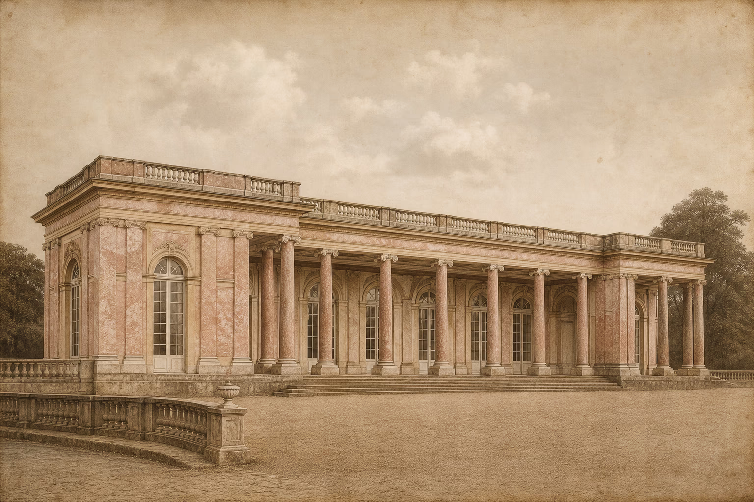 Sepia-Illustration des Grand Trianon, des kleinen Schlosses im Park von Versailles, in dem der Vertrag am 4. Juni 1920 unterzeichnet wurde.