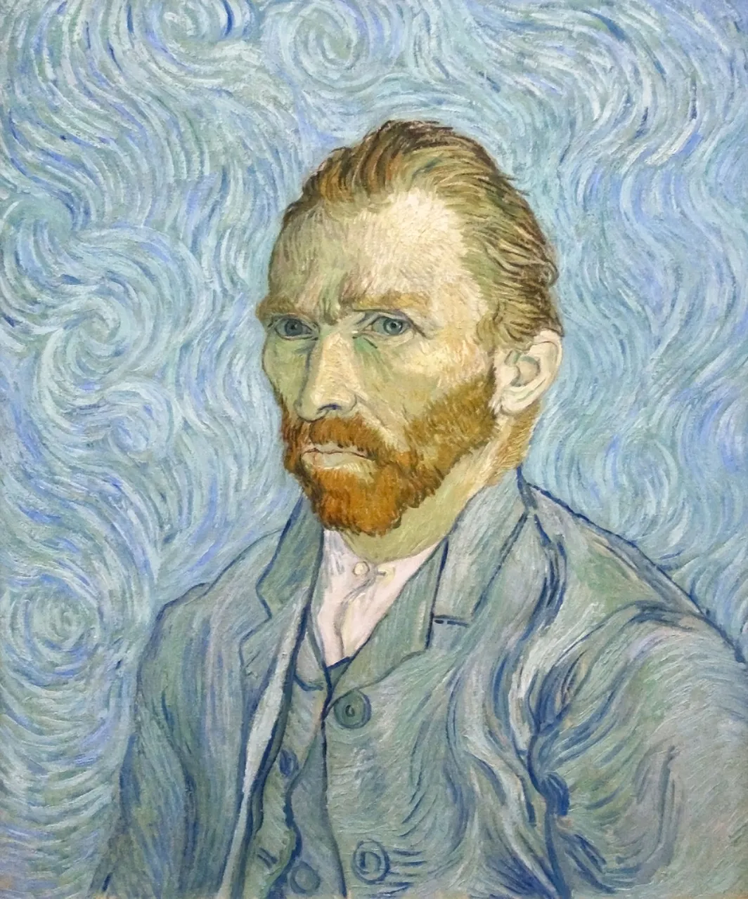 Selbstbildnis (1889) von Vincent van Gogh vor wirbelnd-blauem Hintergrund, im blaugrauen Rock.