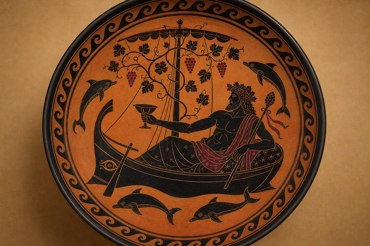 KI-Illustration im attischen Stil: schwarzfiguriges Tondo einer Trinkschale — Dionysos lagert in einem Segelboot, ein Weinstock wächst am Mast empor, Delfine kreisen um ihn.