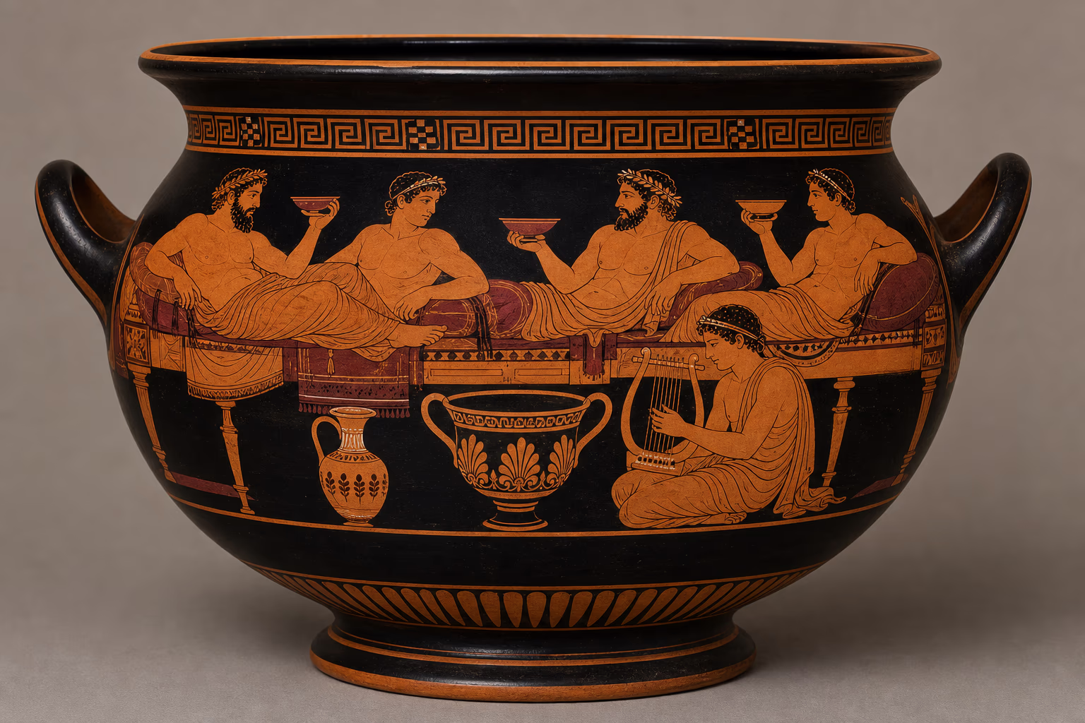 KI-Illustration im attischen Stil: rotfigurige Symposionsszene — gelagerte Gäste auf Klinen, ein großer Mischkrater und eine Weinkanne, ein Jüngling spielt die Lyra.