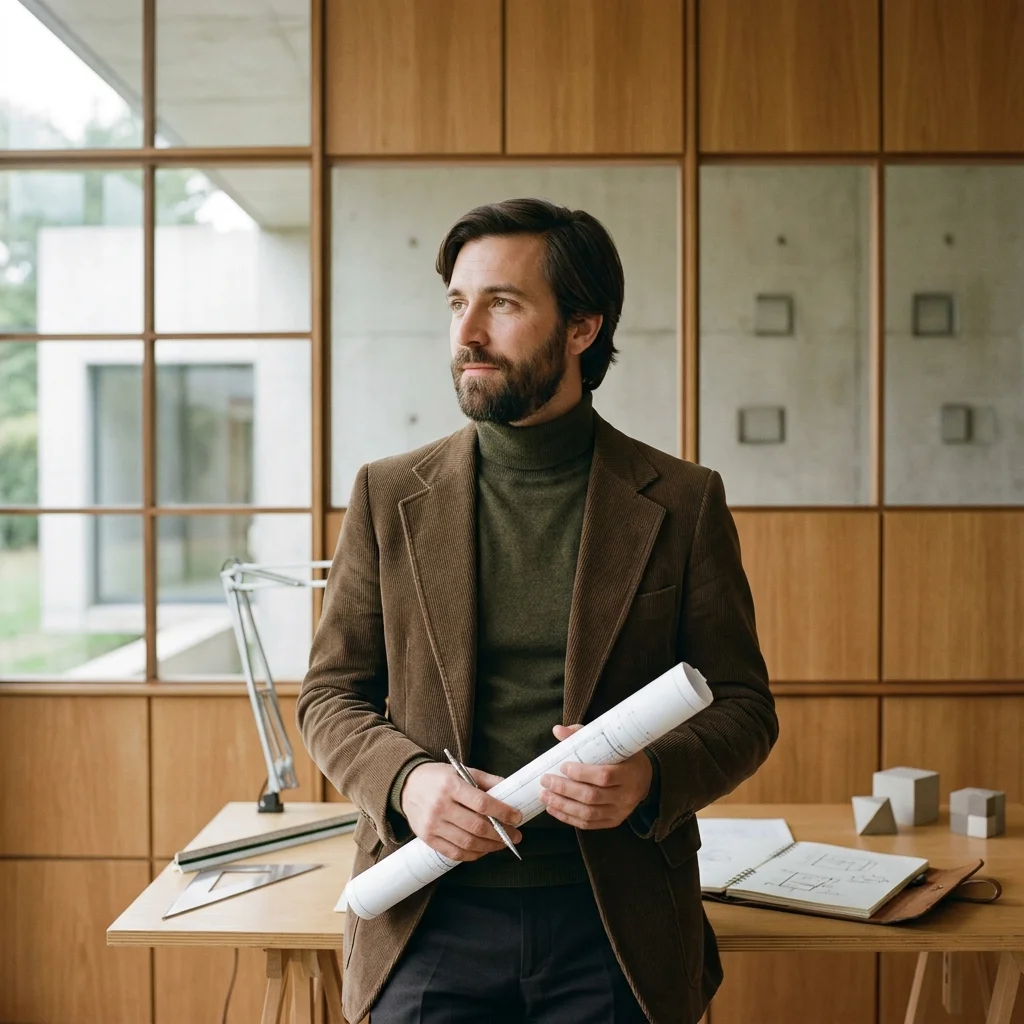Ein Architekt der 1970er Jahre steht mit einer Planrolle an einem Zeichentisch; im Hintergrund Holzvertäfelung, Modelle und Skizzenbuch