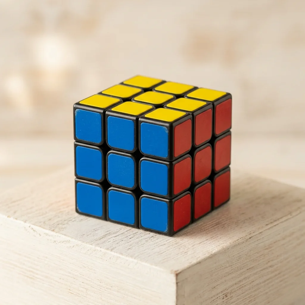 Ein bunter 3×3-Drehwürfel mit gelber, blauer und roter Seite auf hellem Holz