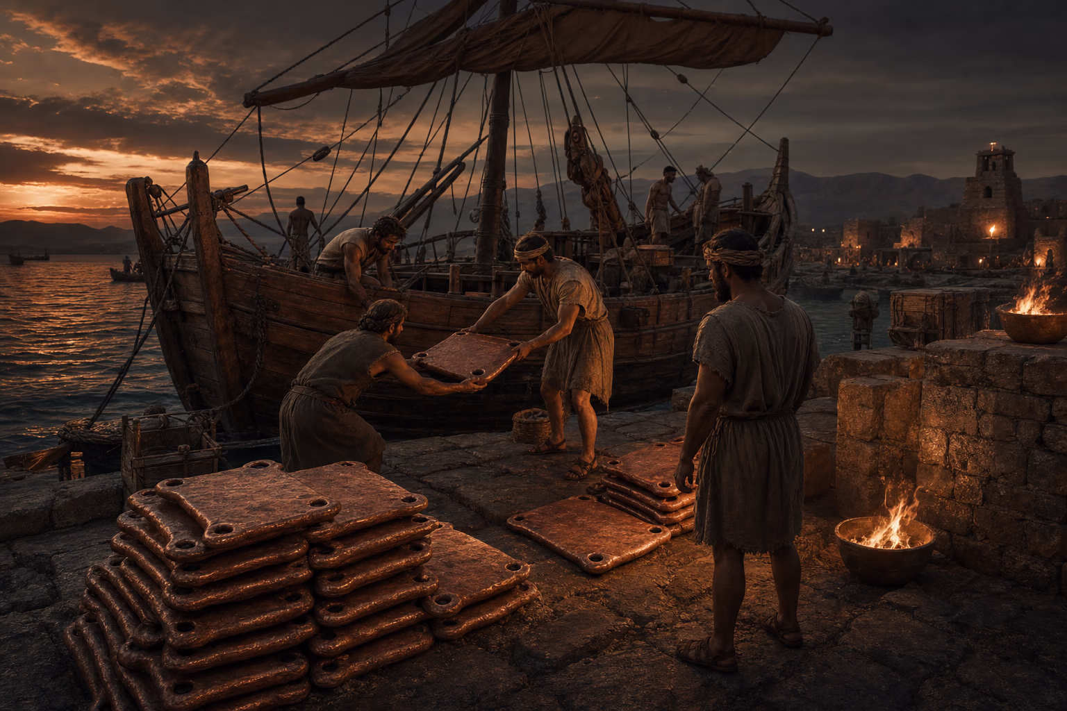 KI-Illustration: ein spätbronzezeitlicher Hafen im östlichen Mittelmeer in der Dämmerung; Arbeiter verladen flache Ochsenhaut-Kupferbarren auf ein hölzernes Handelsschiff.