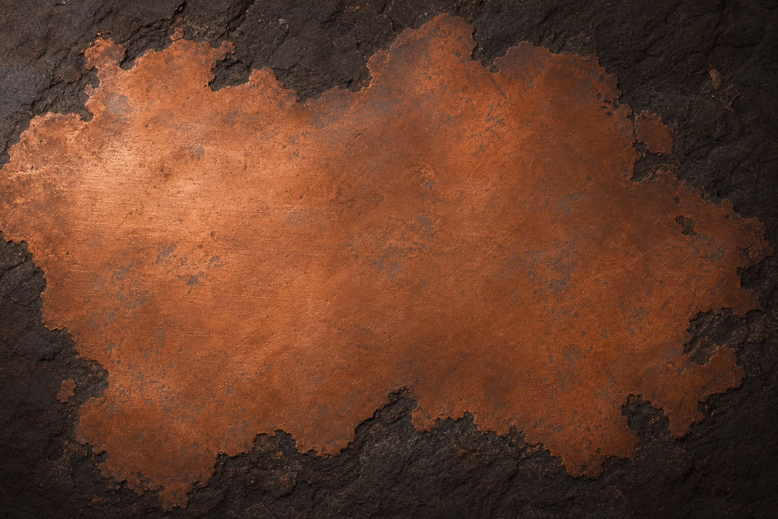 KI-Illustration: dieselbe Kupferfläche, leicht angelaufen, das Orange beginnt zu dunkeln.