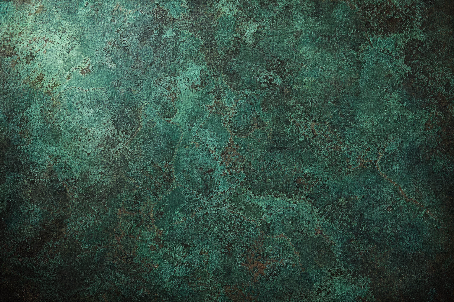 KI-Illustration: dieselbe Fläche, nun überwiegend mit grüner Verdigris-Patina bedeckt.