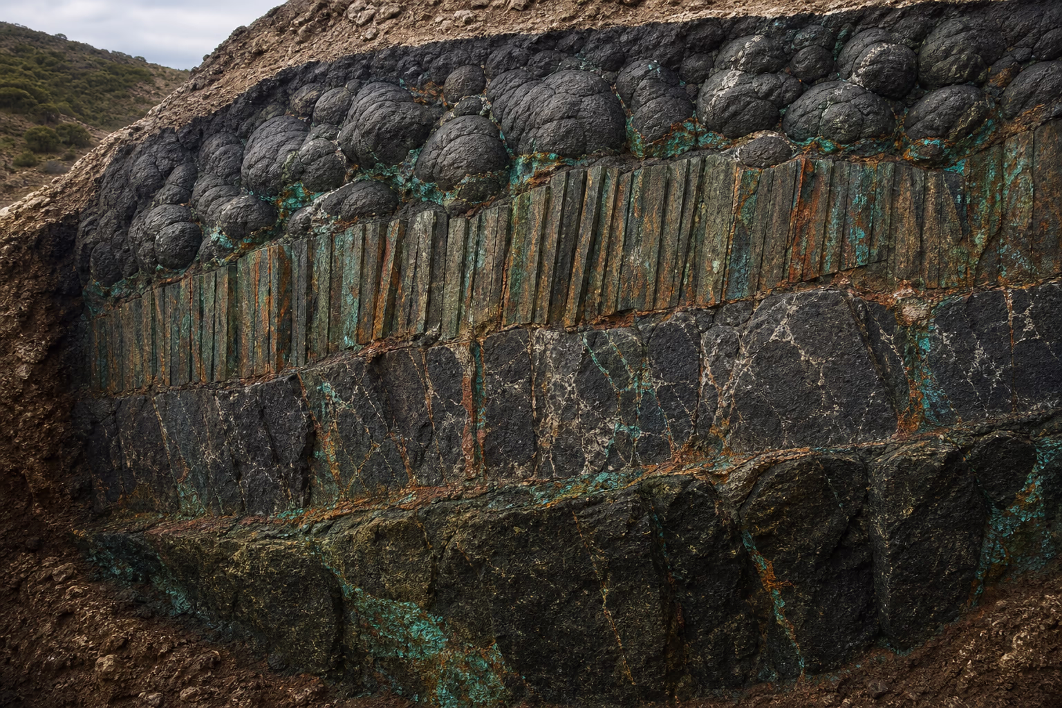 KI-Illustration: Querschnitt durch den Troodos-Ophiolith in einem zyprischen Bergrücken — gestapelte geologische Schichten mit grün-rostigen Kupfersulfid-Adern, in der Seitenpalette gehalten.